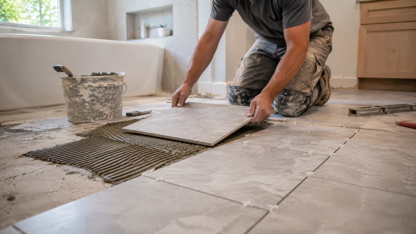 Tile bathroom floor project photo