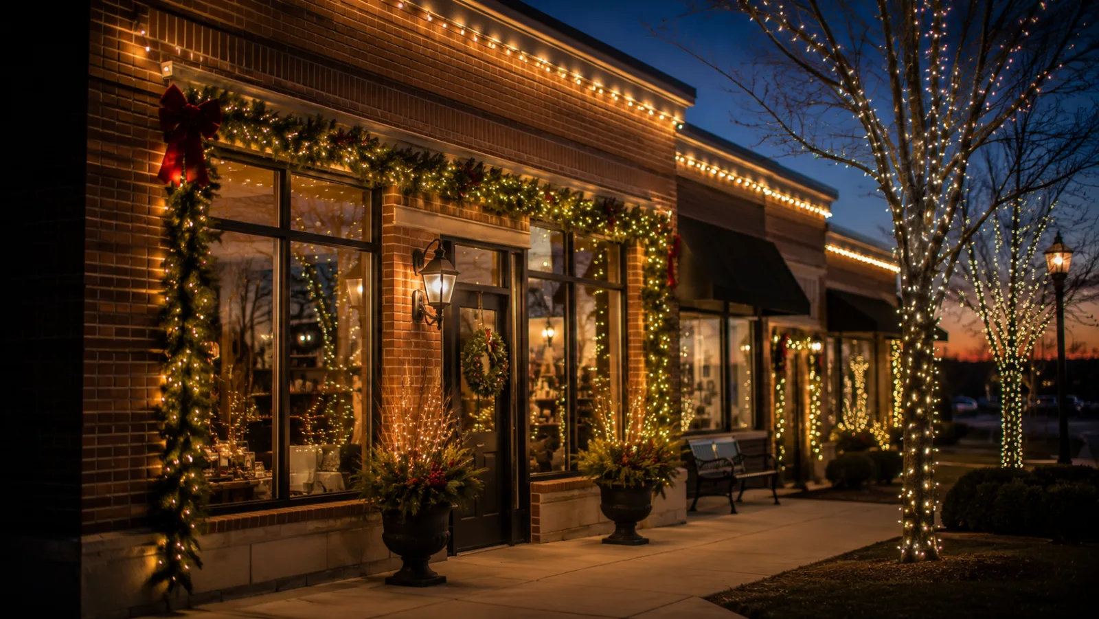 Storefront holiday lighting project photo